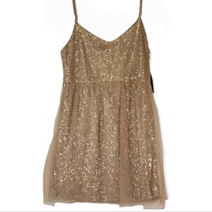 Irreplaceable Champagne Sequin & Chiffon Spaghetti Strap Babydoll Dress, NWT, L